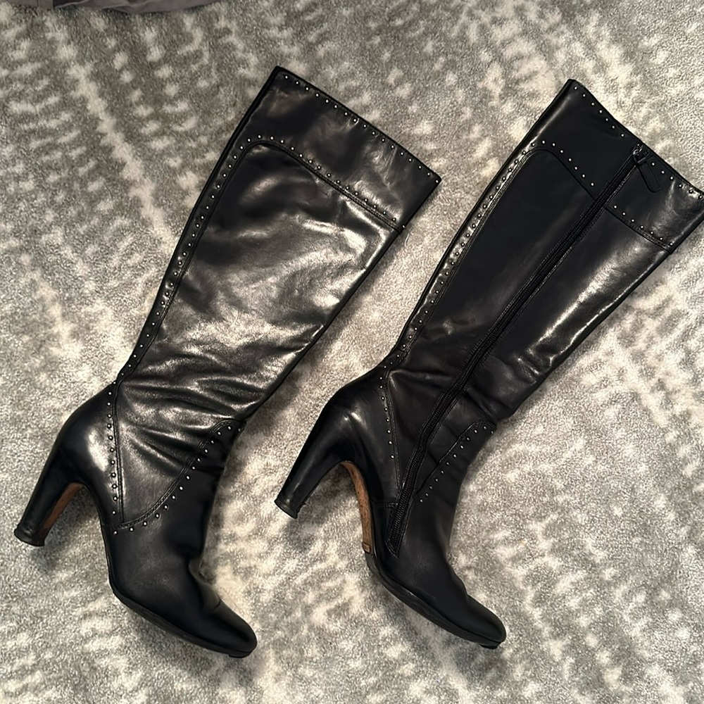 Cole Haan Nike Air studded black leather knees high heeled boots